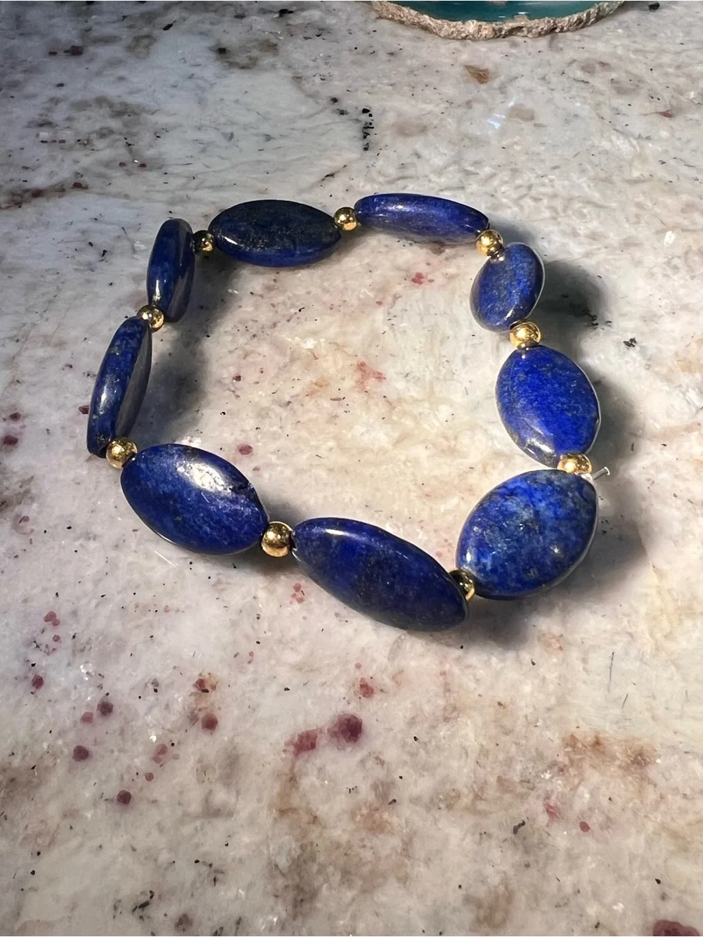 Lapis Lazuli Beaded Stretch Bracelet - Deep Blue with Gold Accent